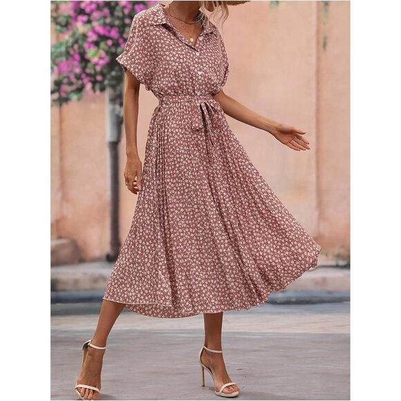 Women's Floral Print Long Dress Polyester Summer Casual A-line Short Sleeve - Picture 3 of 6